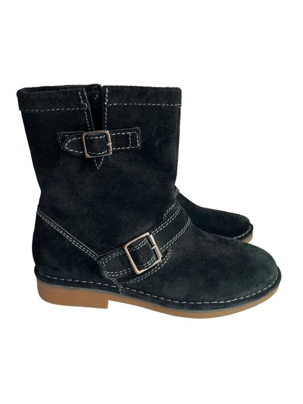 Hush Puppies Suede Booties Womens 7 Black Short Leather Buckle Side Zip VGUC